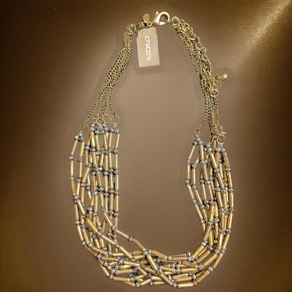 NWT CHICO'S Gold Tubular Sparkly Multi-Strand Short Statement Necklace - Picture 1 of 9